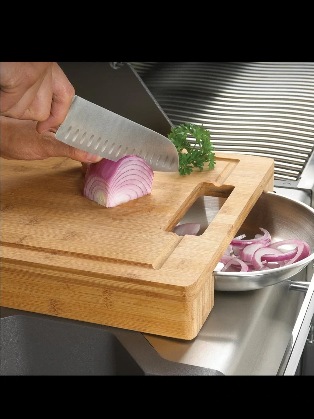 Napolean Bamboo Cutting Board with Removable Stainless Steel Bowls NWOT